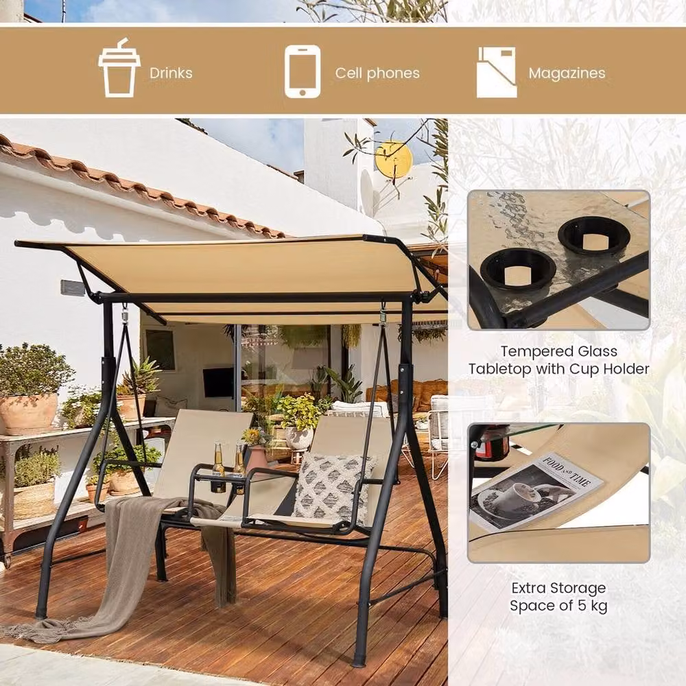NESTLUNE 2 Person Outdoor Patio Porch Swing Loveseat in Beige, W: 100 cm, D: 15 cm – 4