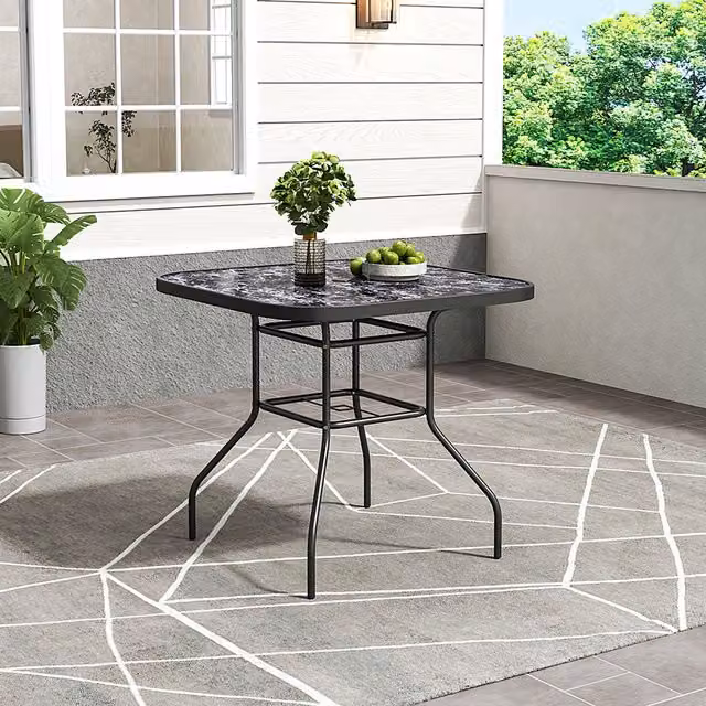 Breeins Black Marble Effect Square Tempered Glass Garden Table, W: 80 cm, H: 72.5 cm