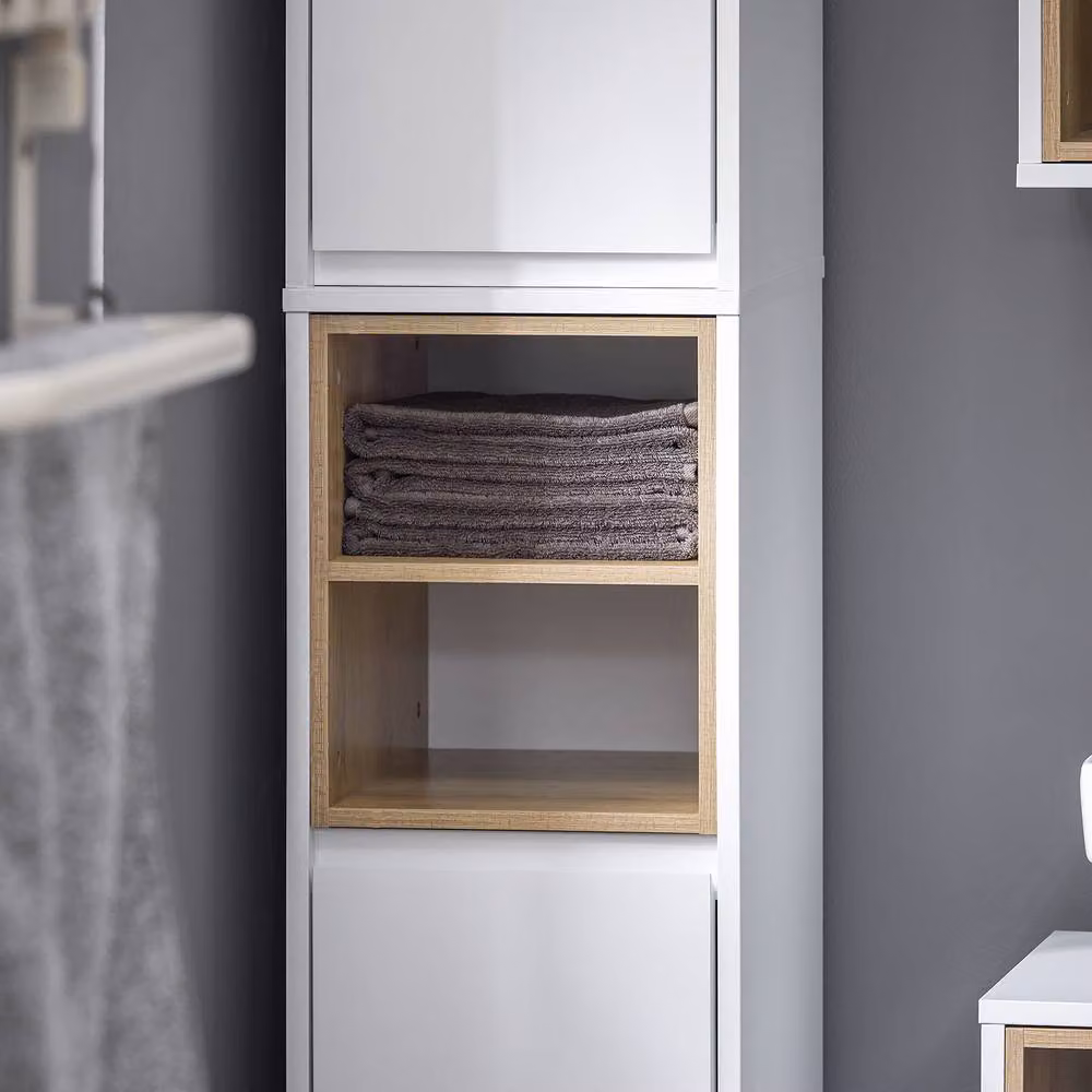 SoBuy Modern White Bathroom Tall Cabinet with Open Shelf and Hinged Doors, H 170 cm x W 30 cm x D 30 cm – 4