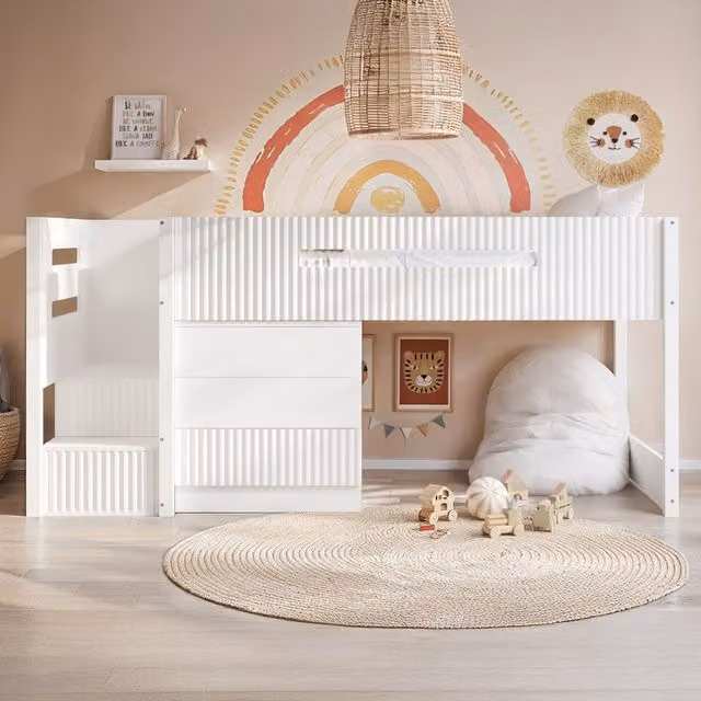 Flair Luca Mid Sleeper Bed with 3 Drawer Ribbed Chest and Stairs in White, 90 x 190 cm