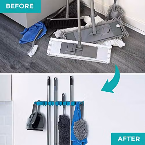 LIVIVO Wall Mounted Mop and Broom Holder with Friction Grip and Adjustable Hooks in Grey or Turquoise – 4