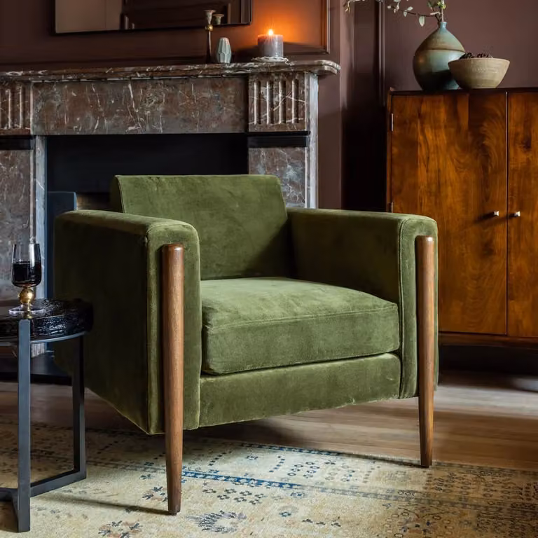 Atkin & Thyme Lexington Armchair in Green and Brown Velvet with Mango Wood Frame