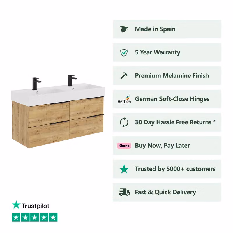Banyetti Celtic 1200mm Wall Hung Bathroom Vanity Unit with Veneto 2 Tap Hole Basin in Ostippo Light Oak, W/D/H: 120 x 45 x 48 cm – 2