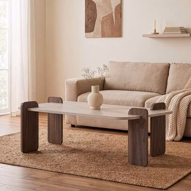 CALICOSY ELIA Rectangular Coffee Table with Rounded Edges in Walnut Brown, W/D/H: 120 x 60 x 35 cm