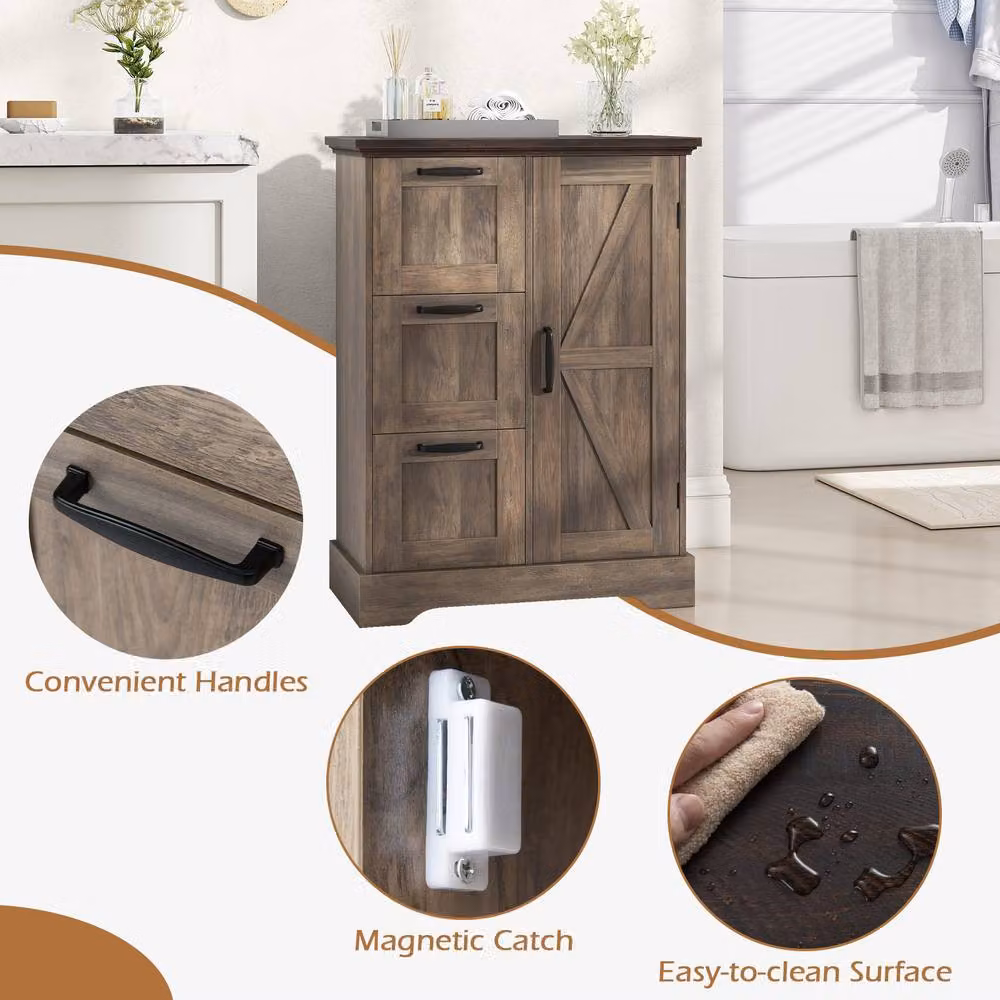 Costway Grey Farmhouse Accent Floor Cabinet with 3 Storage Drawers and Hinged Doors – 4