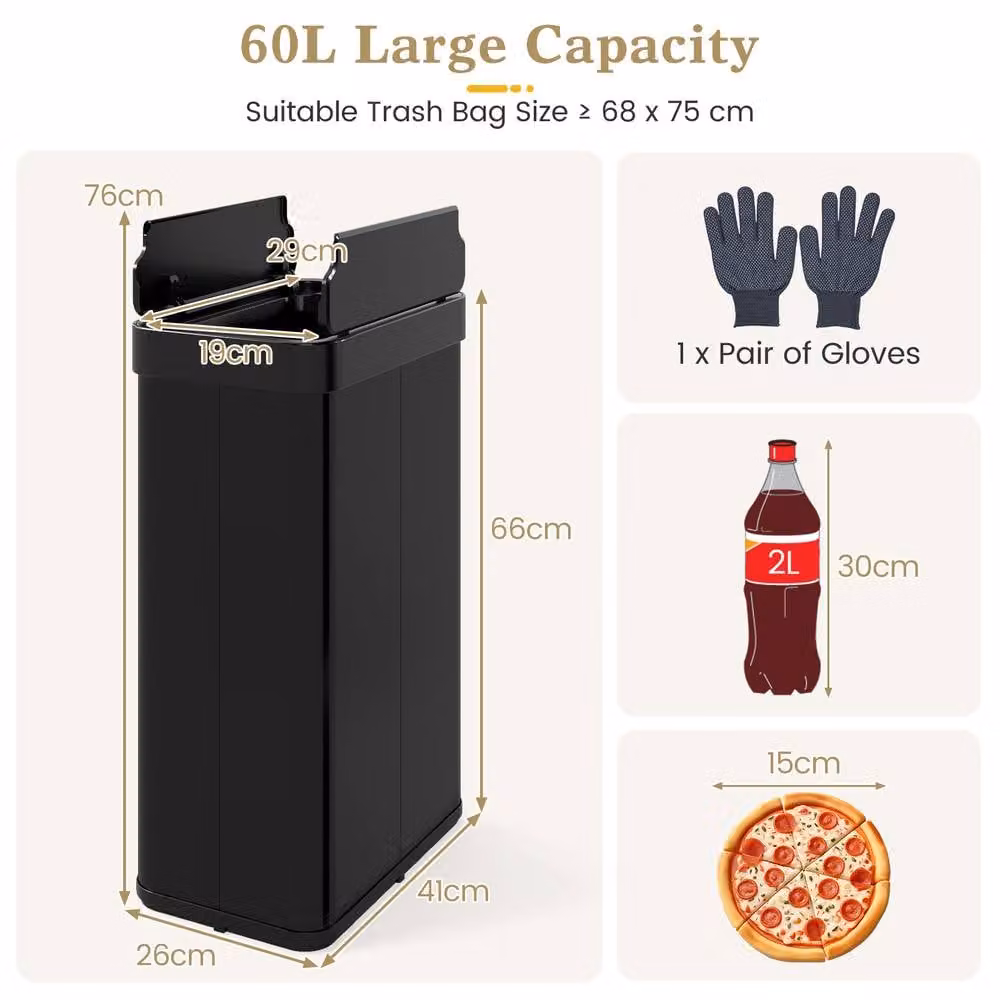 Costway 60L Infrared Motion Sensor Trash Can with Wing Lids and Soft Close, Black Stainless Steel – 2