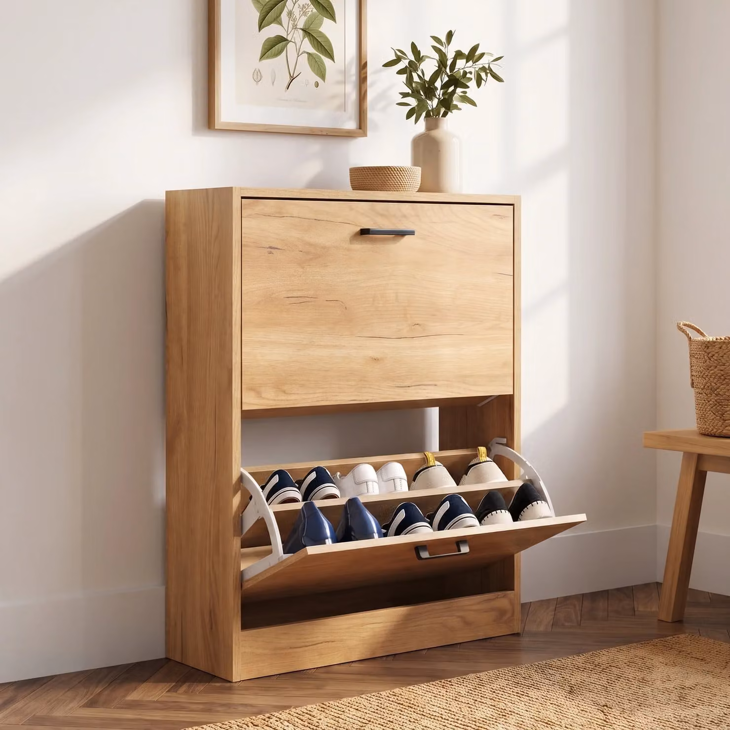 Slim 2 Drawer Pine Shoe Storage Cabinet in Brown for Hallways