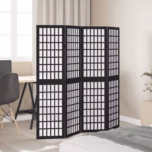 Berkfield Home 4-Panel Room Divider in Black Solid Paulownia Wood, H 160 cm x W 140 cm