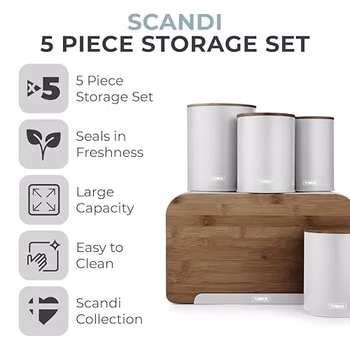 Tower Scandi 5 Piece Airtight Storage Set with Bread Bin, Biscuit Barrel and 3 Canisters, Grey – 2