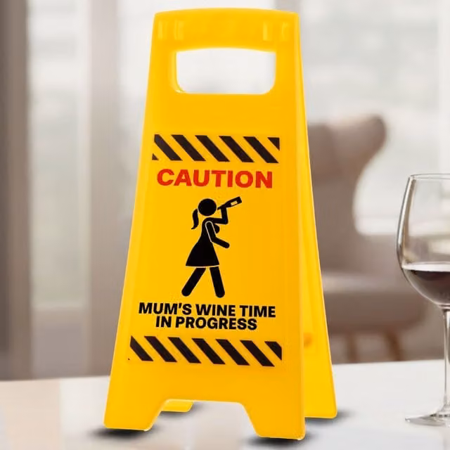Boxer Gifts Mums Wine Time in Progress Yellow Tabletop Warning Sign
