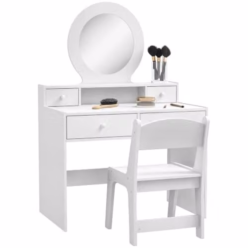 AIYAPLAY Kids Dressing Table with Mirror and Stool in White