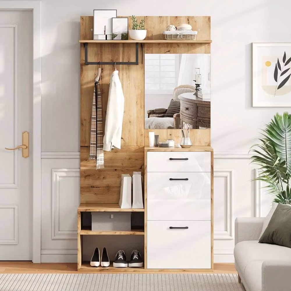 KORVIXA White Wood Hall Tree with Shoe Bench, Coat Hooks and Cabinet, W/D/H: 120 x 38.5 x 190 cm – 3