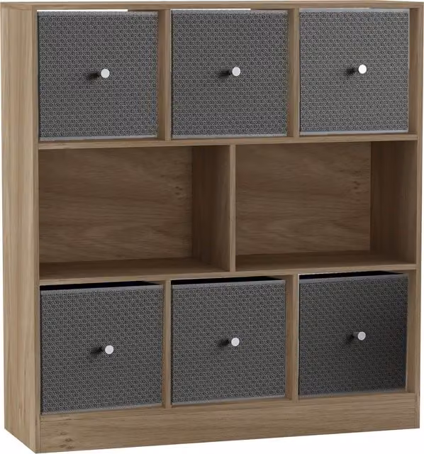 URBNLIVING 8 Cube Oak Bookcase with 6 Dark Grey Fabric Storage Drawers