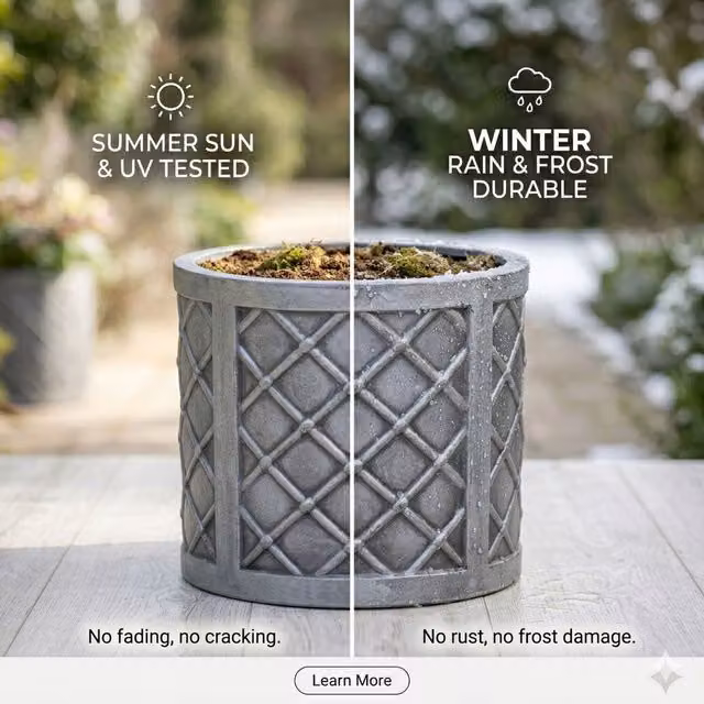 Strata Lazio Small Round Lattice Style Plastic Patio Planter in Slate Grey, Diameter: 32 cm
