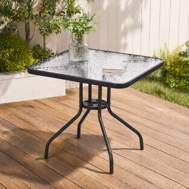 STILVORA Modern Square Garden Dining Table with Glass Top and Umbrella Hole in Matt Black