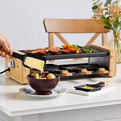VonShef Electric Raclette Grill in Black with 1200W Power, 8 Person Capacity, 2 Removable Non-Stick Plates, Natural Stone and Ribbed Plates, and Adjustable Thermostat – 2