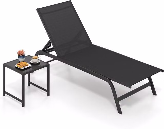 Costway Black Outdoor Chaise Lounge Chair Set with Adjustable Headrest, Side Tray and Castors