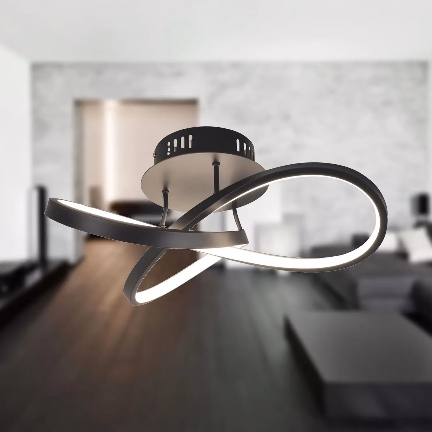 First Choice Lighting Matt Black LED Loop Ring Ceiling Light – 2