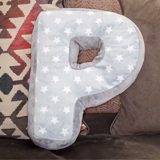 Echo Three Graphic Letter Cushion P for Children in White and Grey