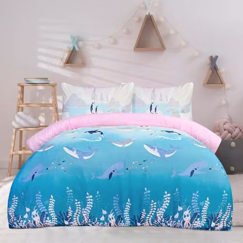 Sleepdown Arctic Animals Reversible Microfibre Duvet Cover Set with Pillowcase and Fitted Sheet, Lilac and Blue, W/D/H: 135 x 200 cm