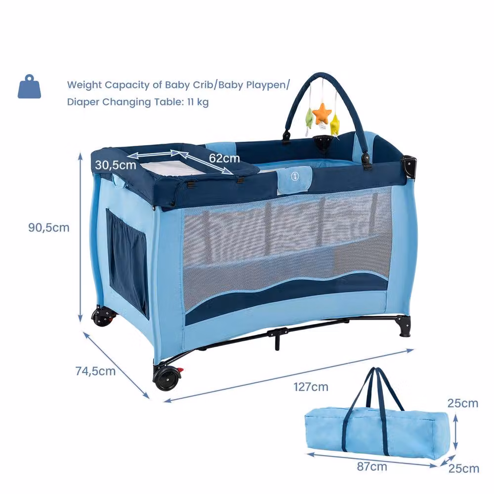 Gymax Folding Playpen in Blue with Diaper Changing Table, 2 Lockable Wheels and 3 Hanging Toys – 2
