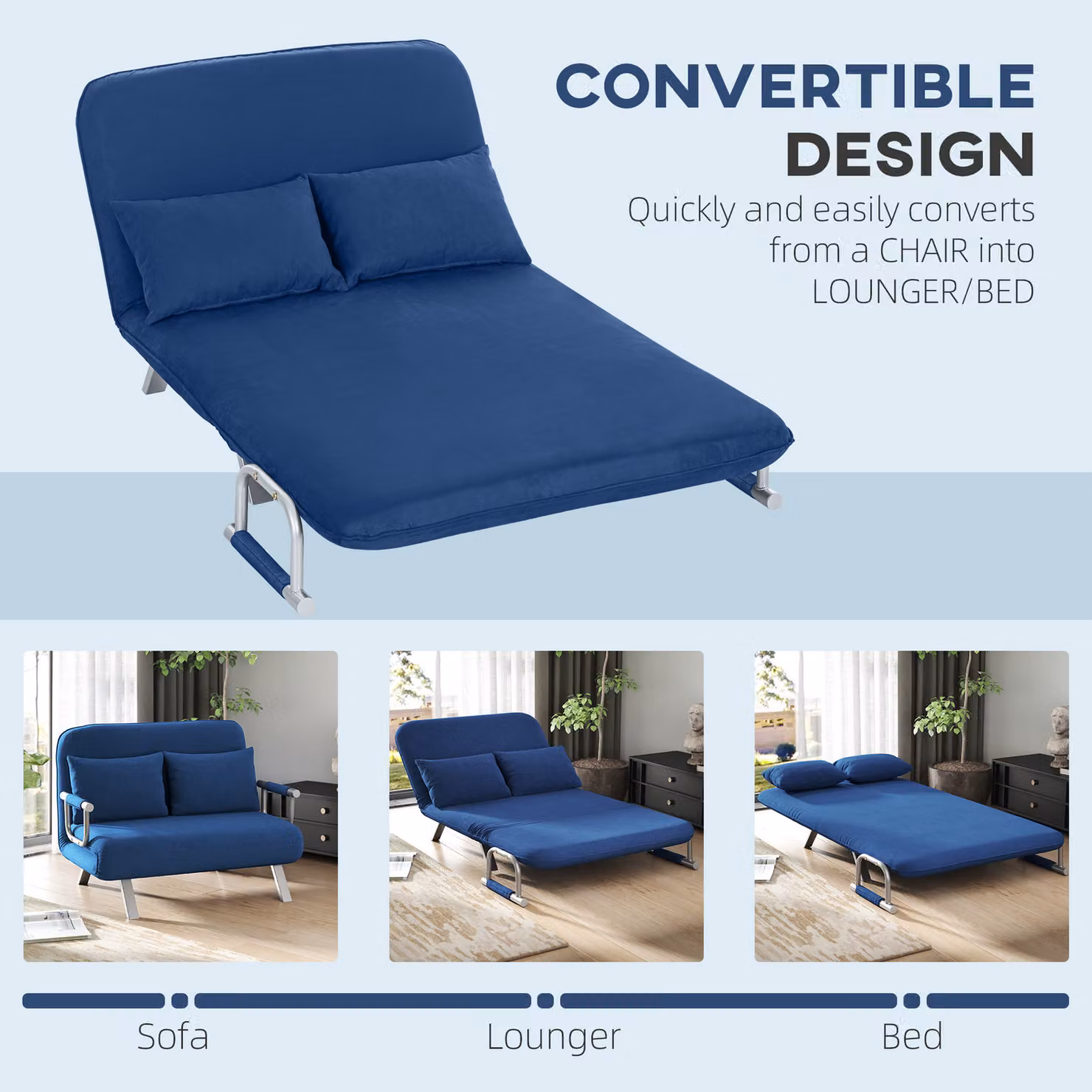 HOMCOM Two-Seater Click-Clack Sofa Bed in Blue with Microfibre Fabric and Metal Frame – 4