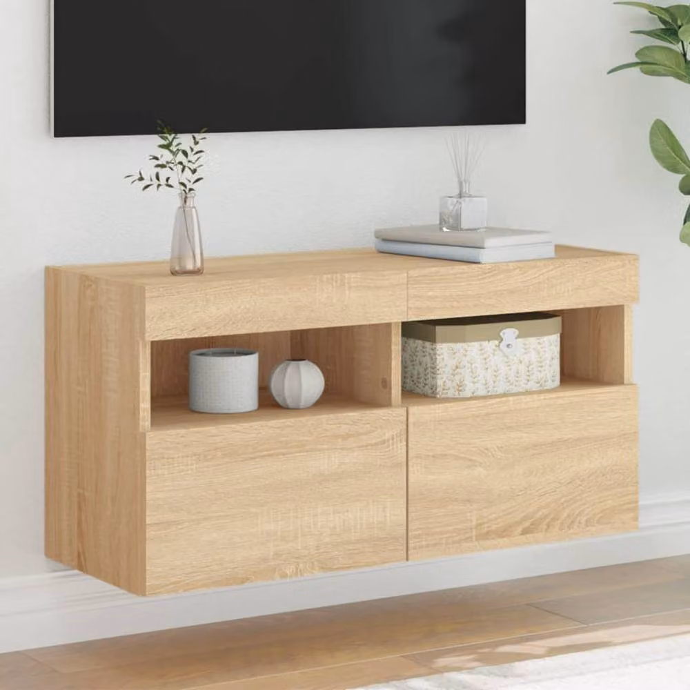 Berkfield Home Modern Wall Mounted TV Cabinet with Integrated LED Lights in Sonoma Oak Brown, W/D/H: 80 x 30 x 40 cm – 1