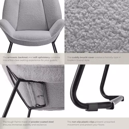 tectake Scandinavian Style Bouclé Fabric Armchair with Metal Frame in Grey – 3