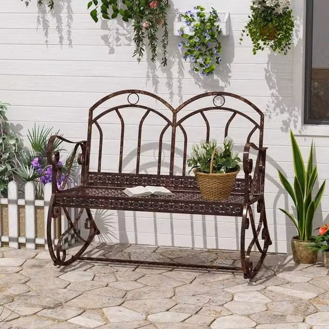 OUTSUNNY Metal Rocking Chair Swing Bench Loveseat with Armrests in Bronze – 1