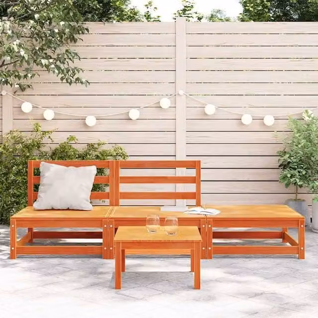 Berkfield Home Armless Garden Sofa with Matching Footstool in Waxed Brown Solid Pine Wood – 1
