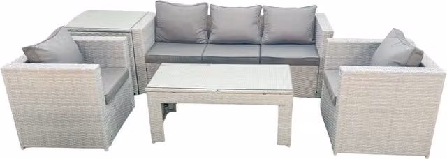 Fimous 5 Piece Rattan Garden Furniture Set with Oblong Coffee Table, 2 Chairs and Side Table in Light Grey