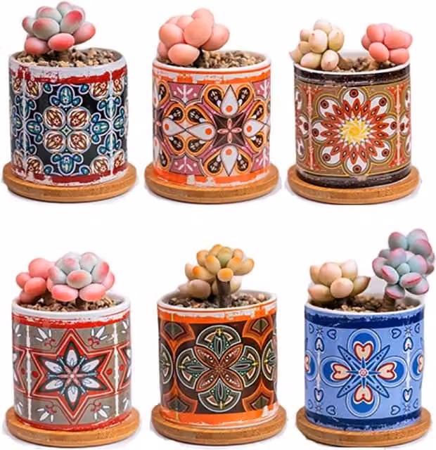 Simpa 6-Piece Retro Geometric Pattern Ceramic Plant Pots with Bamboo Bases in Multicolour