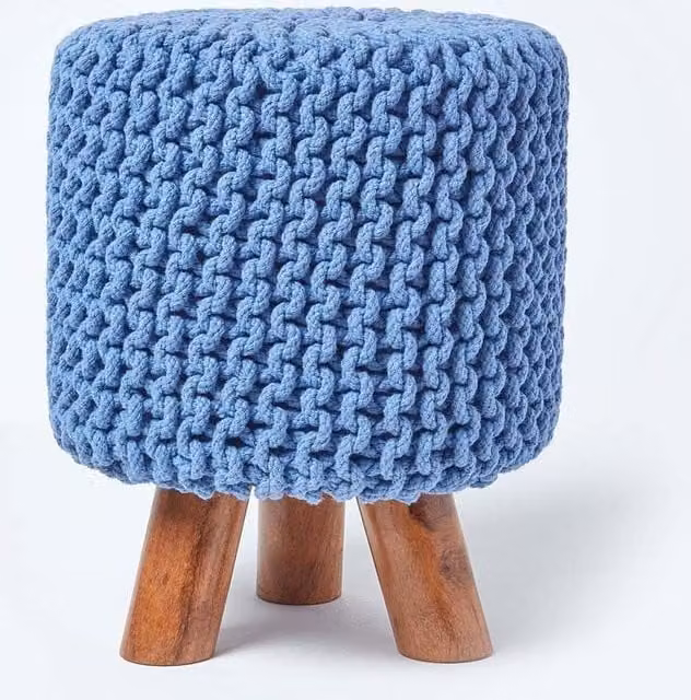 Homescapes Tall Blue Cotton Knitted Footstool with Wood Frame