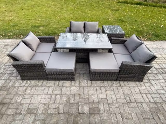 Fimous Dark Grey Wicker PE Rattan Garden Furniture Set with Height Adjustable Rising Lifting Table and 2 Large Footstools
