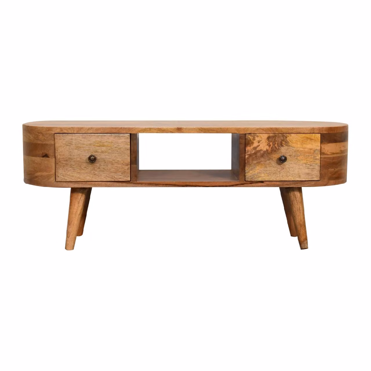 Aosom UK Solid Mango Wood Mini Rounded Entertainment Unit in Brown, W/D/H: 100 x 30 x 37 cm – 2