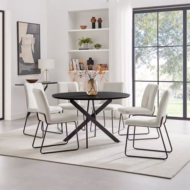 FurnitureboxUK Novara Round Black Dining Table and 6 Halley Cream Fabric Chairs Set – 1