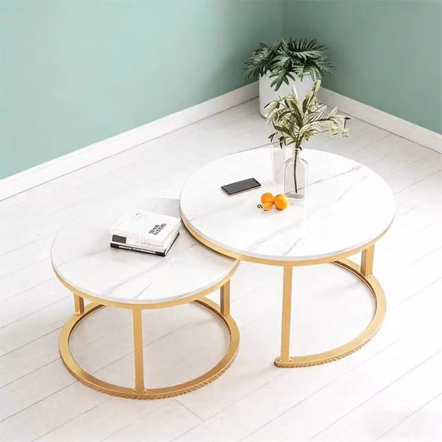 VOGREX Set of 2 Modern Round Nesting Coffee Tables in White and Gold – 1