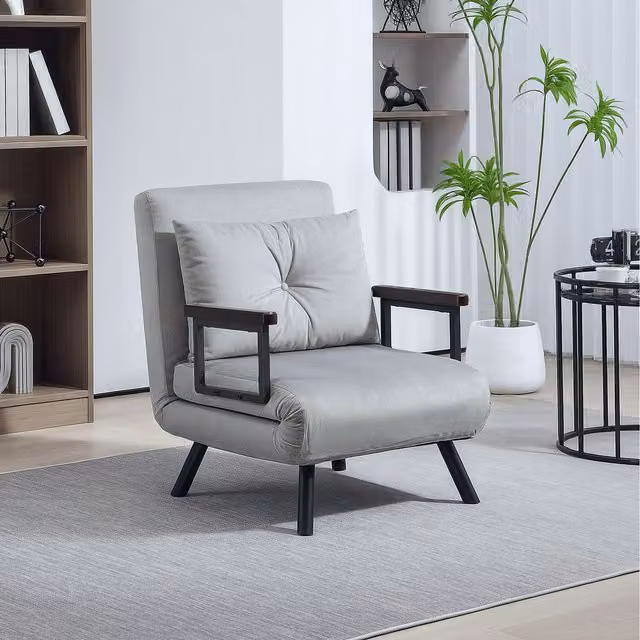 HOMCOM Convertible Single Chair Bed Settee with Armrests in Light Grey Velvet Fabric