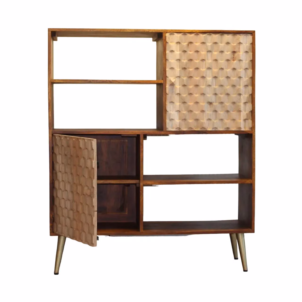 IH Design Koda Retro Mango Wood Display Unit with Shelves and Cupboards in Brown and Gold – 3
