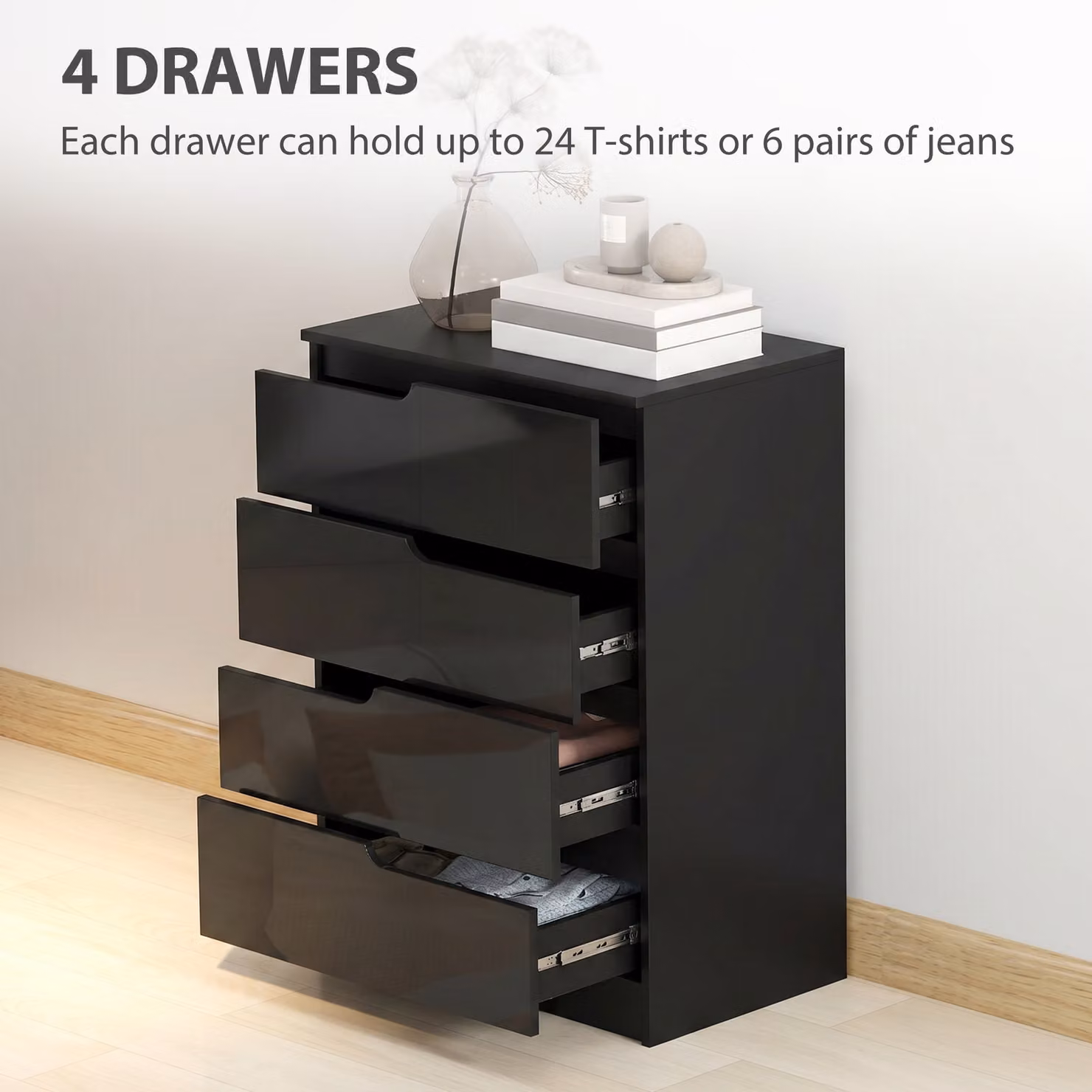 HOMCOM Modern Black High Gloss Chest of Four Drawers – 4