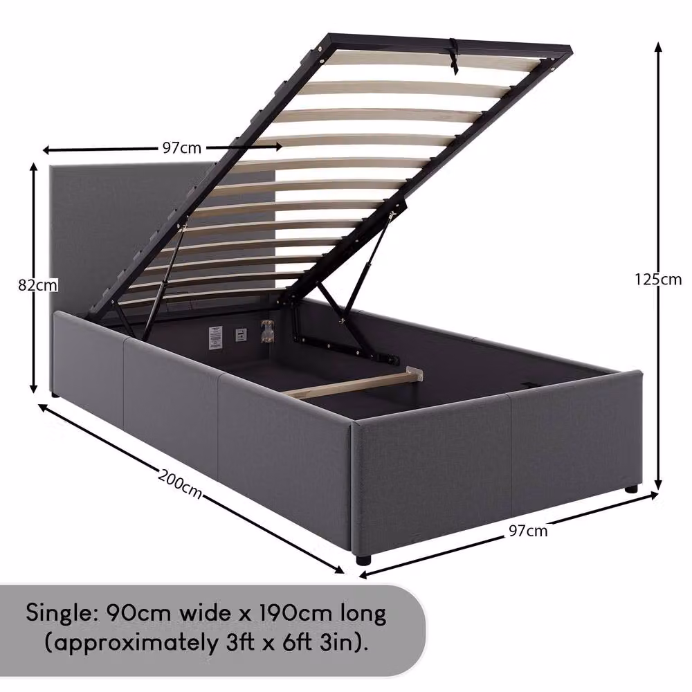 Vida Designs Veronica Single Ottoman Bed Frame in Dark Grey Linen Fabric with Lift Up Base – 6