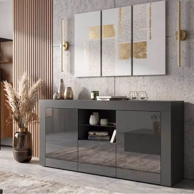 FORGEVIO Modern Grey TV Unit and Sideboard Storage Cabinet with Glass Details