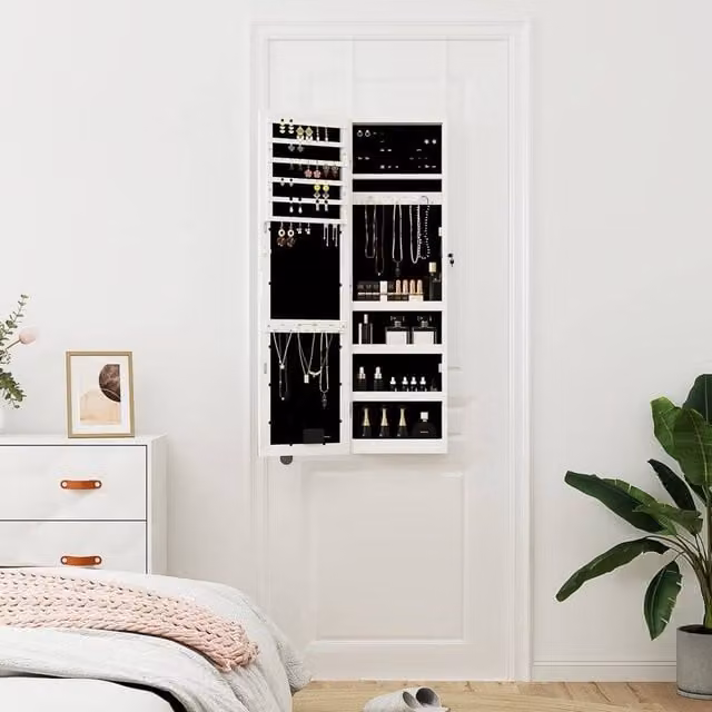 Berkfield Home White Wall Mounted Mirror Jewellery Cabinet with LED Lighting and Lock, H 106 x W 31.5 x D 9 cm – 1