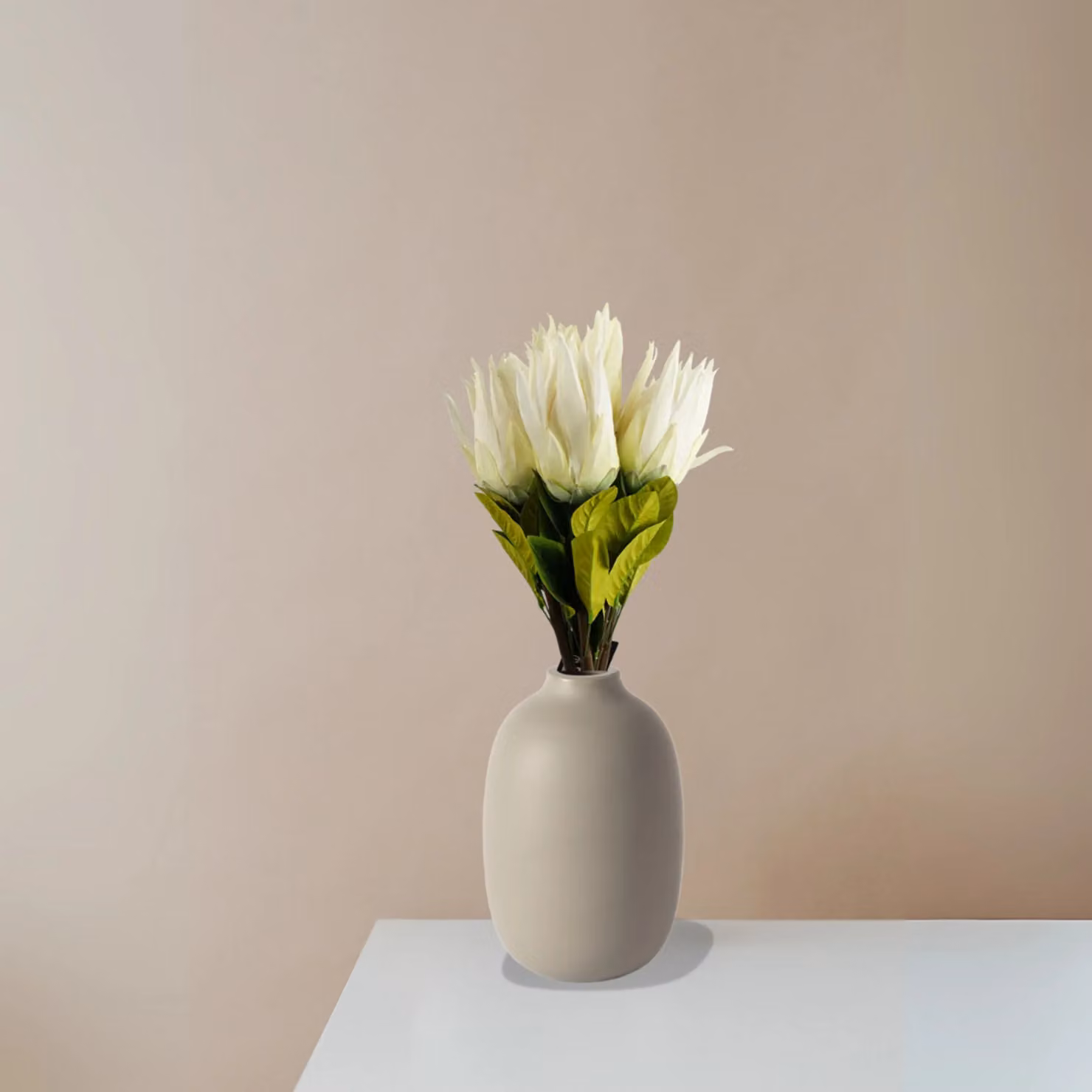 Pegdev Pack of 6 White and Pink Artificial Protea Stems with Silk Petals, Height: 65 cm – 2