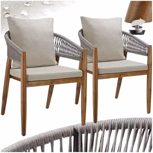 tectake Set of 2 Rustic Acacia Wood Garden Chairs in Brown with Beige Fabric, H 76.5 x W 58.0 x D 59.0 cm – 1