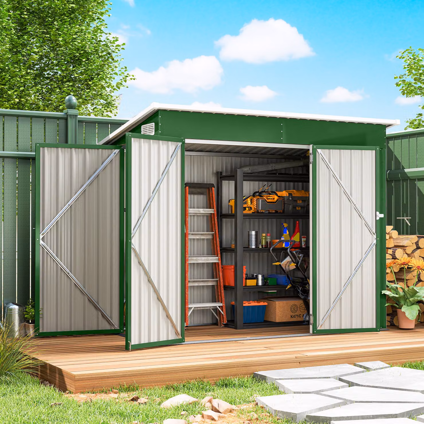 Outsunny Green Metal Garden Storage Shed with Lockable Double Doors and Side Vents, W/D/H: 228.6 x 131.07 x 185.0 cm – 2
