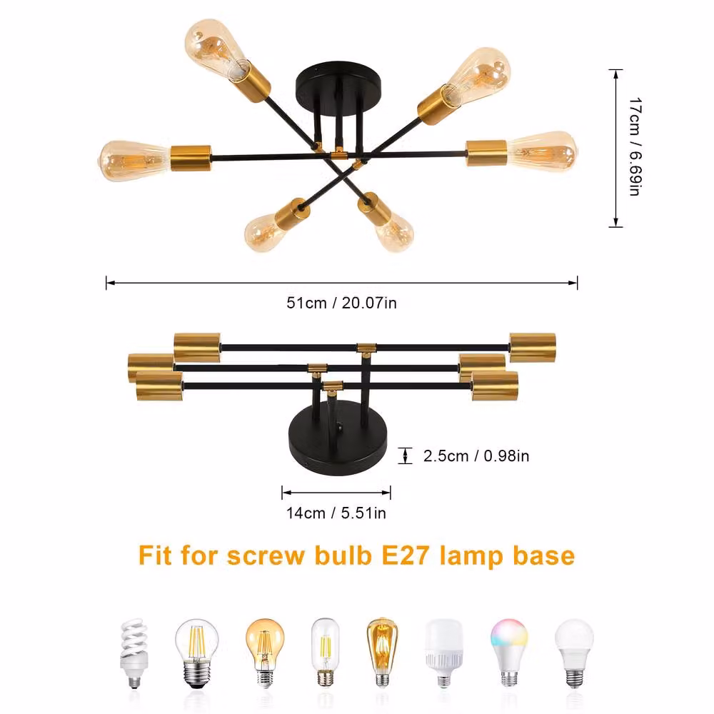COMELY Sputnik Mid-Century Ceiling Light, 6-Light E27 Metal Flush Mount in Black and Gold – 2