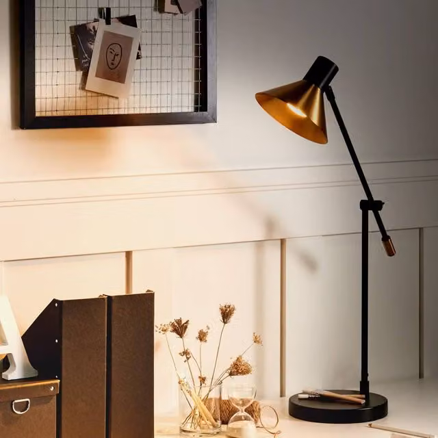 Wyld and Coco Industrial Metal Table Lamp in Black and Gold with Adjustable Arm and Cone Shade