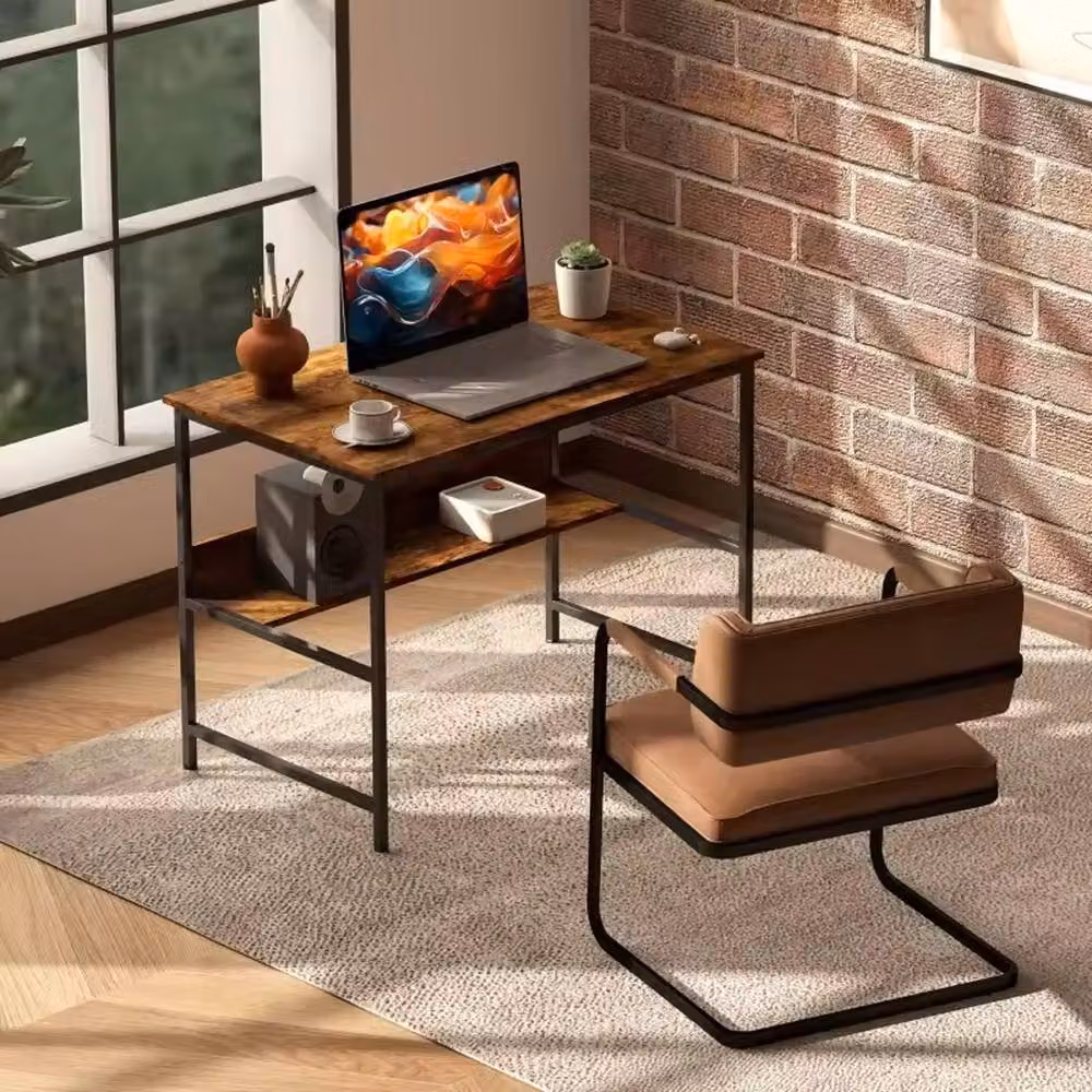 FORGEVIO 2-Tier Industrial Computer Desk with Metal Frame and MDF Storage in Brown, W: 120 cm, D: 60 cm, H: 75 cm – 5