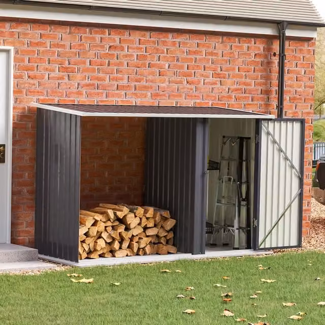 Livingandhome Black Galvanised Steel Pent Lean-to Metal Garden Shed with Open Log Rack